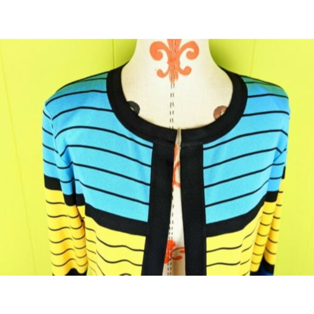 Exclusively Misook Womens M Blue Yellow Striped Acrylic Open Cardigan Sweater - Picture 2 of 12